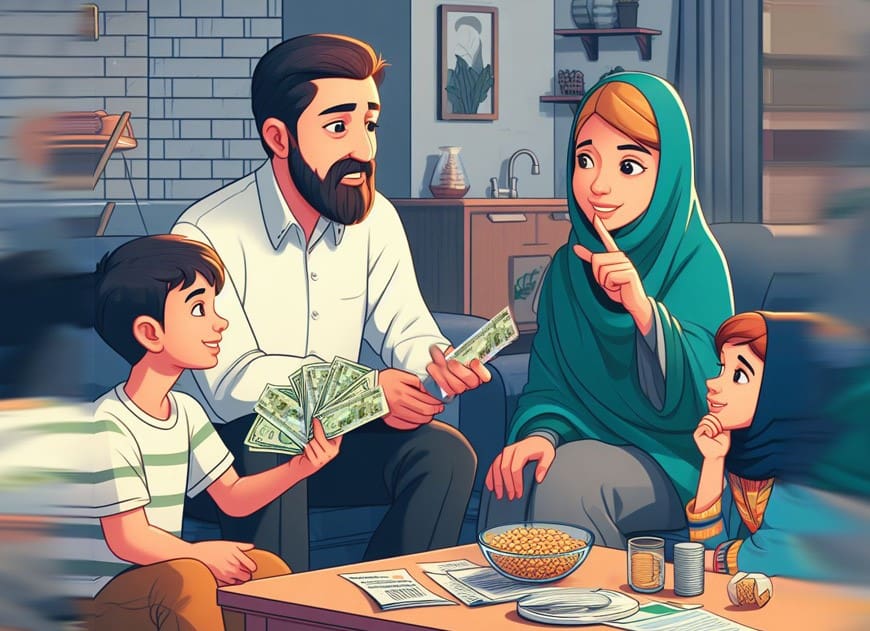 تصویر یک خانواده ایرانی که در مورد پول و وام خانوادگی صحبت می کنند