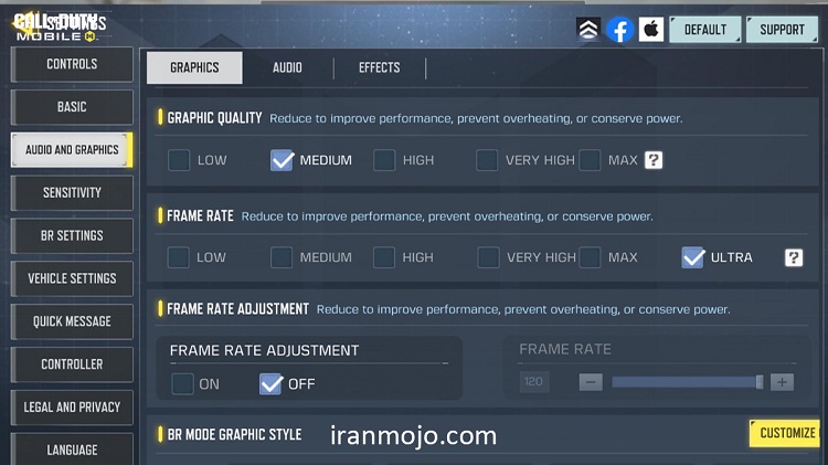 تنظیمات گرافیک کالاف دیوتی موبایل