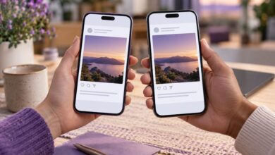 دو گوشی با یک تصویر مشترک برای نمایش همکاری در انتشار پست
